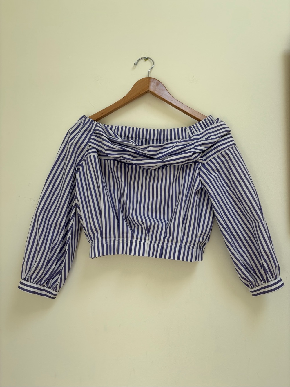 Zara Navy and White Off-Shoulder Striped Crop Blouse